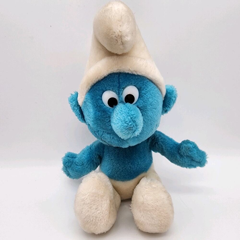Vintage Peyo Wallace Berrie Blue Smurf Plush Stuffed Toy 10" Sits Hard Eyes 1979